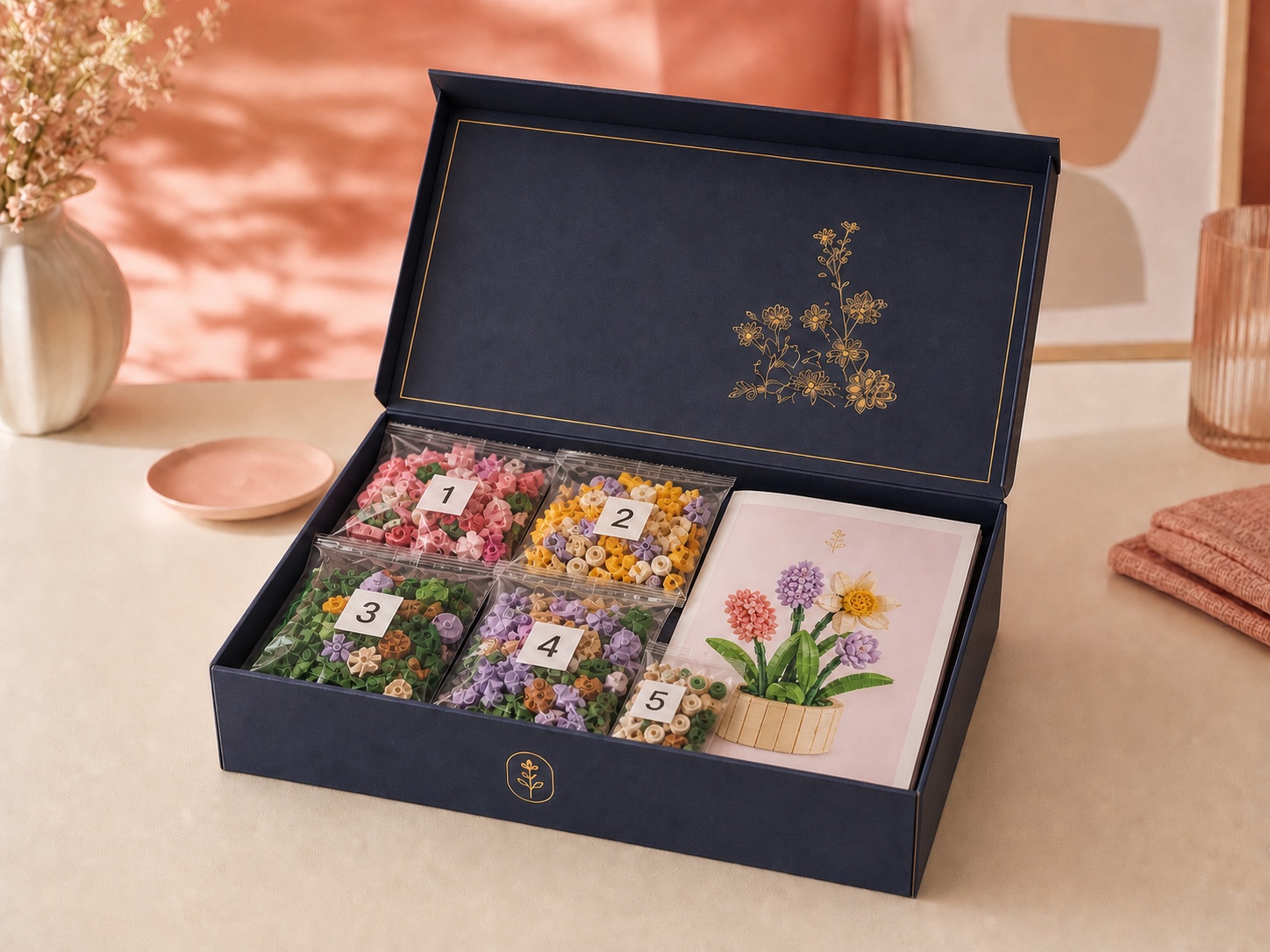 Création florale préparée avec ses pièces triées et sa notice illustrée