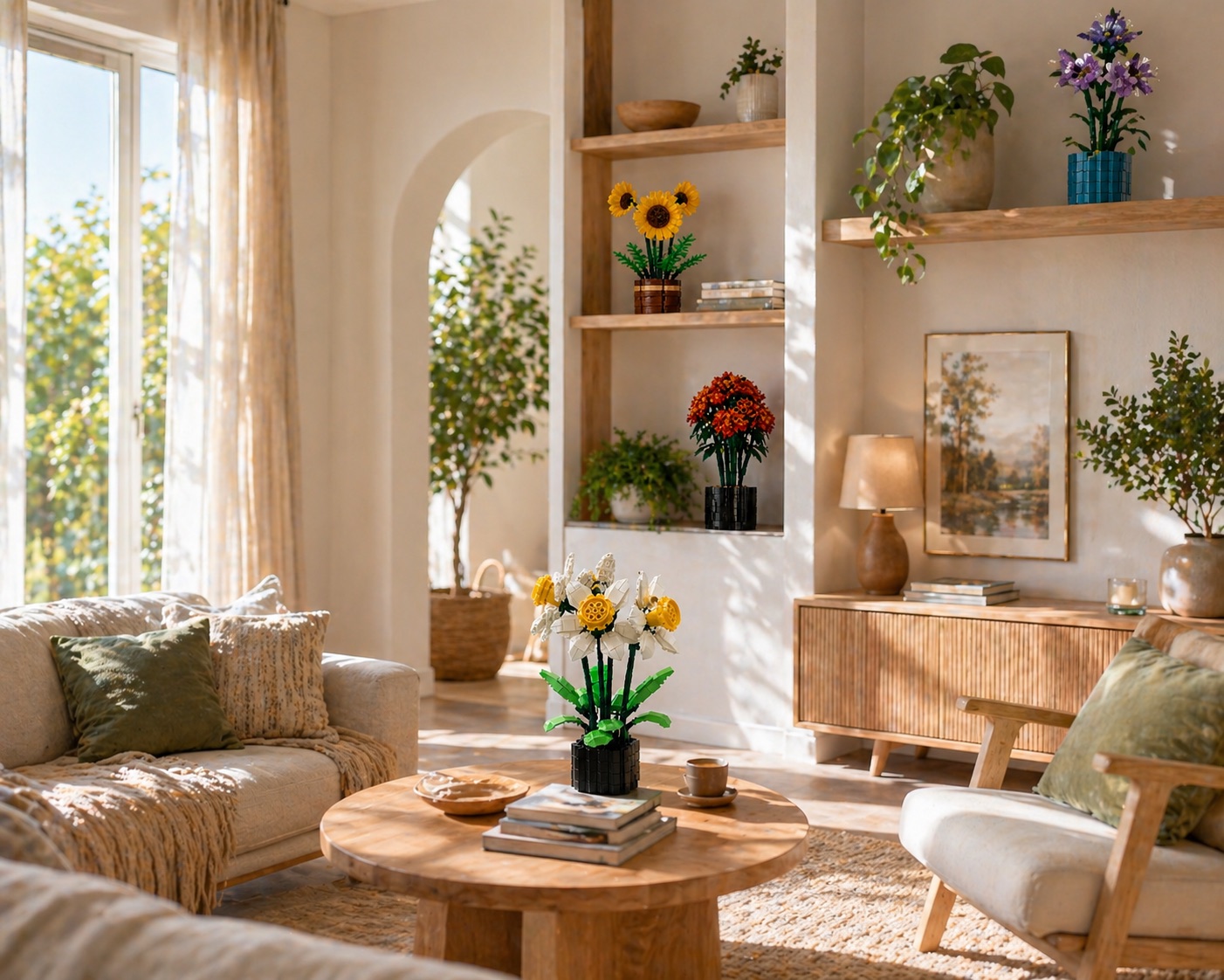 Plusieurs créations florales en briques exposées dans un salon