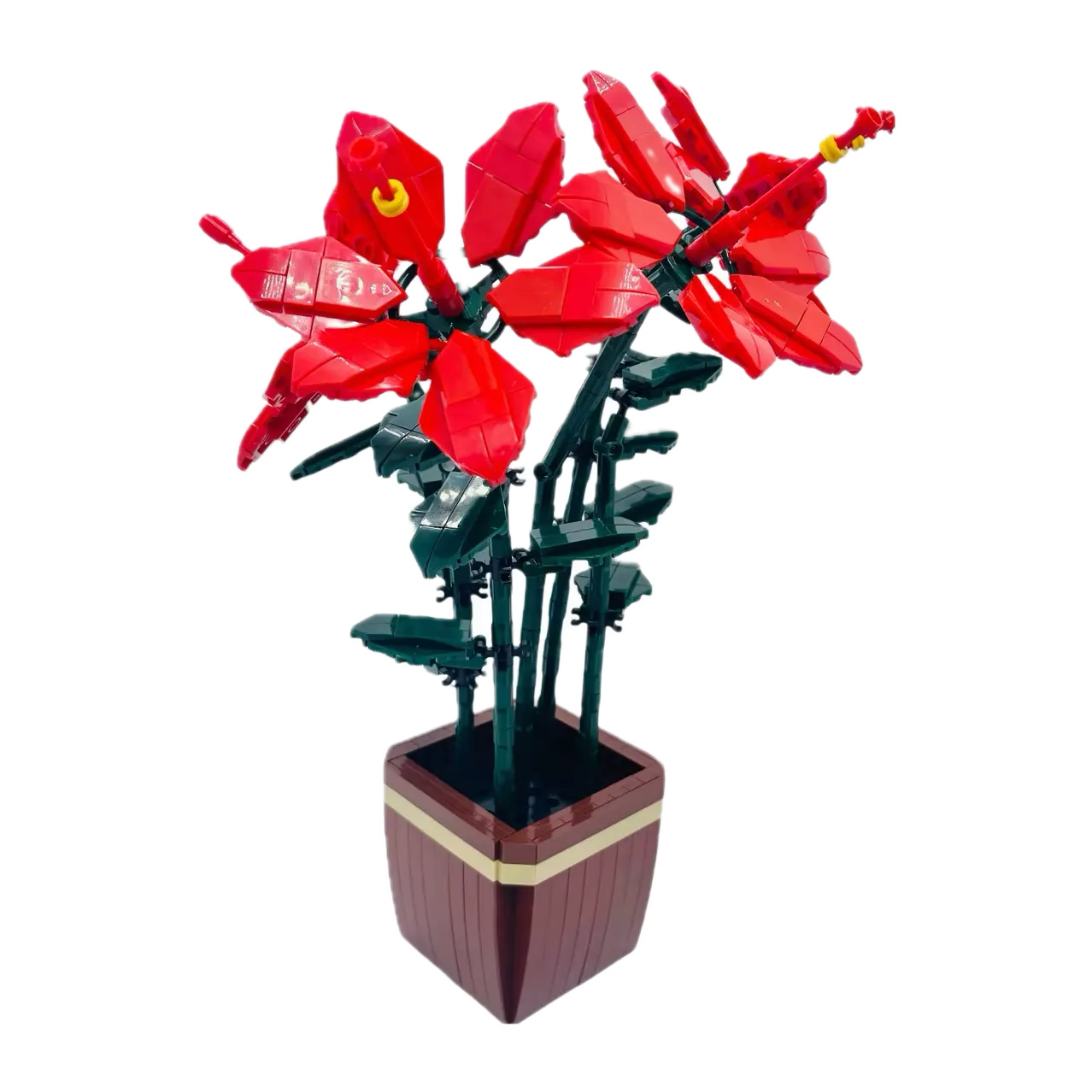 Fleurs rouges en briques dans un pot marron