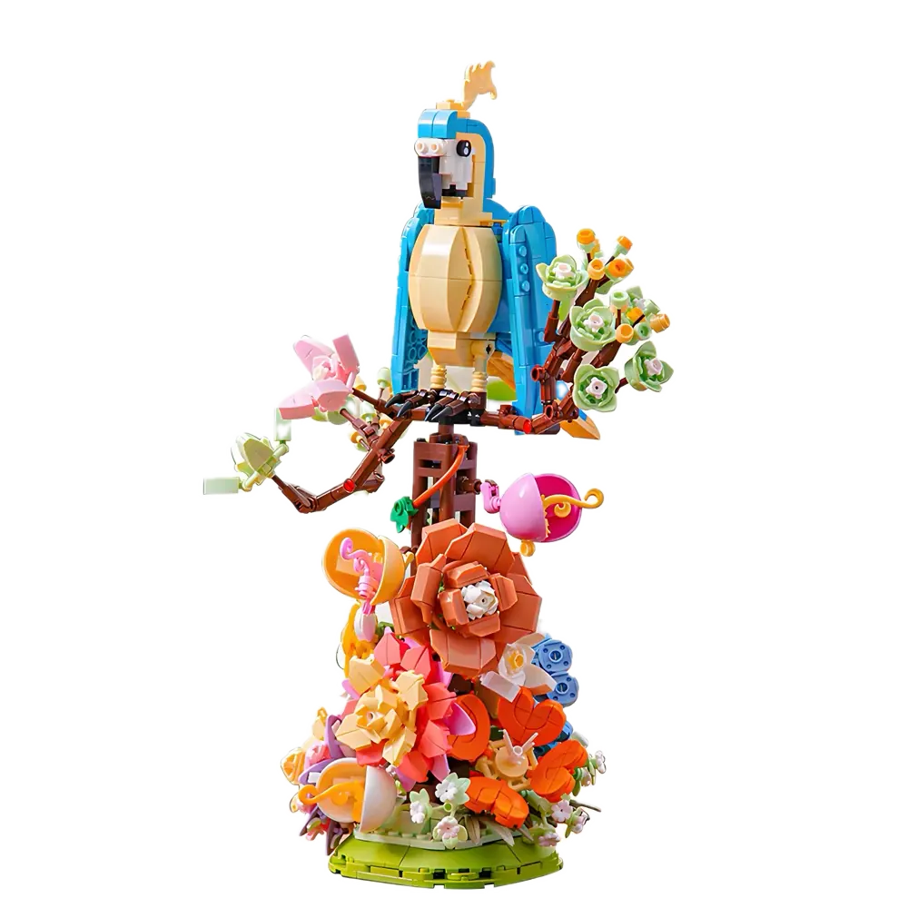 Set floral en briques avec oiseau bleu et fleurs colorées