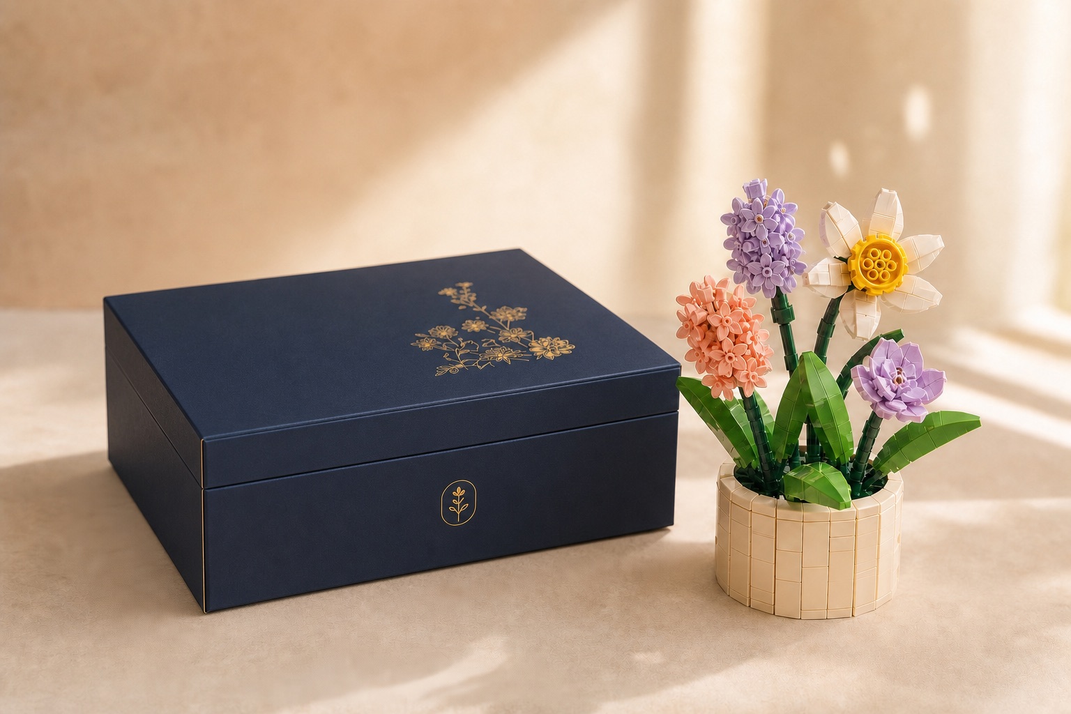 Box Essentiel fermée accompagnée de sa création florale en briques déjà montée